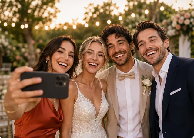 Misafirlerin gelinle damatla çektiği selfie